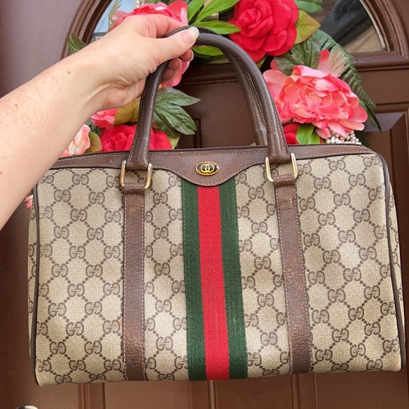 Authentic Gucci Sherry Line Boston Bag Green Red Stripe Vintage Purse